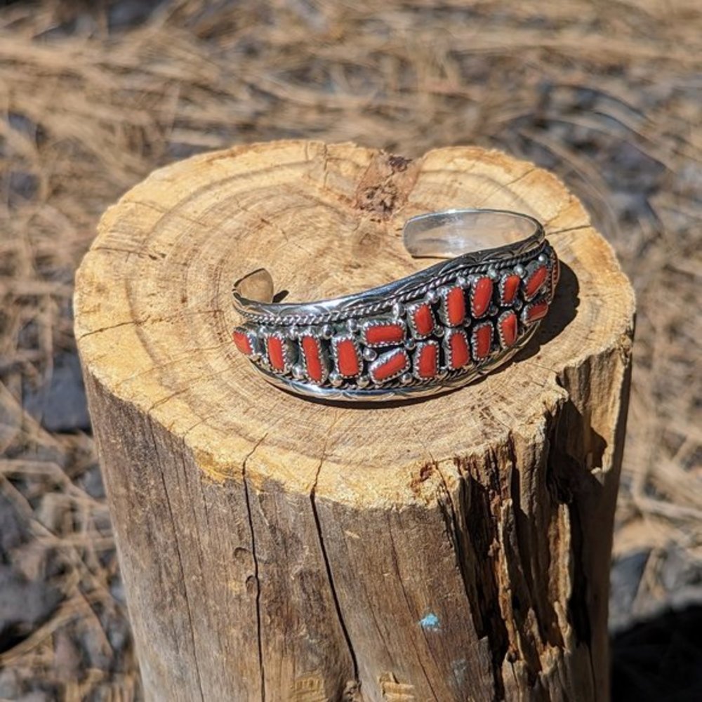 Navajo Bracelet Cluster Coral Jewelry Sterling Silver Native American Sz 6.5in** - Picture 4 of 10